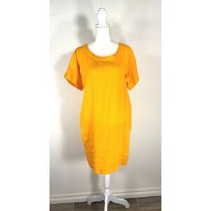 Samson Marigold Orange 100% Linen Short Sleeve Shift Dress Womens Medium Pocket